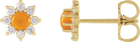 14K Gold Round Natural Citrine & Natural Diamond Cabochon Flower Earrings - Yellow Gold
