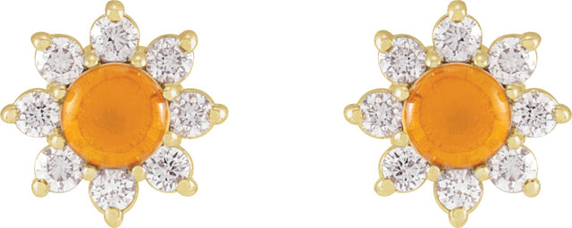 14K Gold Round Natural Citrine & Natural Diamond Cabochon Flower Earrings - Yellow Gold - view 2