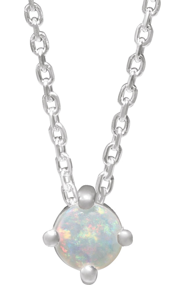 14K Gold Natural White Opal Round 4-Prong Cabochon Pendant - White Gold