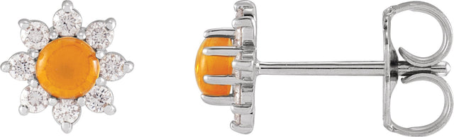 Platinum Round Natural Citrine & Natural Diamond Cabochon Flower Earrings