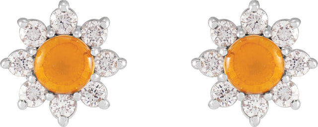 14K Gold Round Natural Citrine & Natural Diamond Cabochon Flower Earrings - White Gold - view 2
