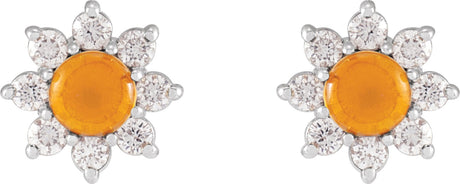 Platinum Round Natural Citrine & Natural Diamond Cabochon Flower Earrings - view 2