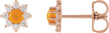 14K Gold Round Natural Citrine & Natural Diamond Cabochon Flower Earrings - Rose Gold