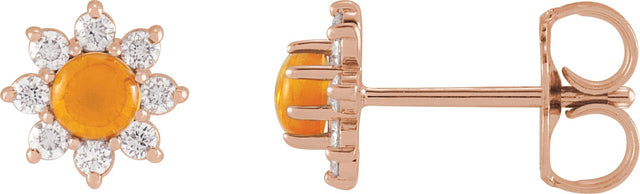 14K Gold Round Natural Citrine & Natural Diamond Cabochon Flower Earrings - Rose Gold