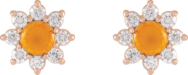 14K Gold Round Natural Citrine & Natural Diamond Cabochon Flower Earrings - Rose Gold - view 2