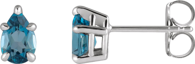 14K Gold Natural London Blue Topaz Pear 5-Prong Claw Stud Earrings - White Gold