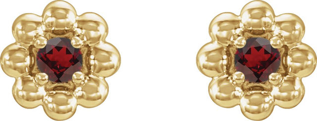 14K Gold Round Natural Mozambique Garnet Petite Flower Earrings - Yellow Gold - view 4