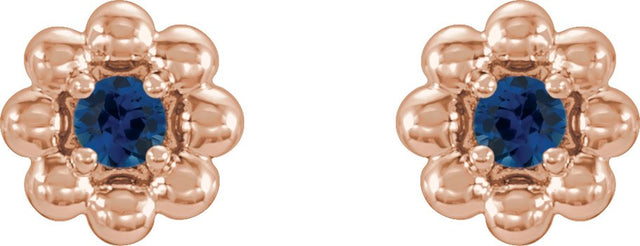 14K Gold Round Natural Blue Sapphire Petite Flower Earrings - Rose Gold - view 4