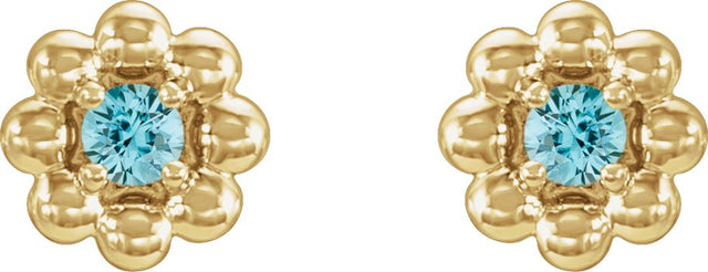14K Gold Round Natural Blue Zircon Petite Flower Earrings - Yellow Gold - view 4