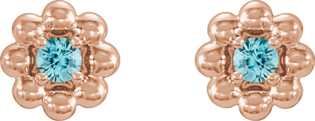 14K Gold Round Natural Blue Zircon Petite Flower Earrings - Rose Gold - view 4