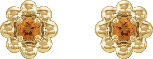 14K Gold Round Natural Citrine Petite Flower Earrings - Yellow Gold - view 4