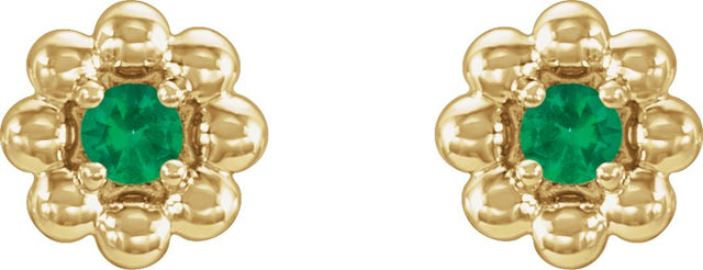 14K Gold Round Lab-Grown Emerald Petite Flower Earrings - Yellow Gold - view 4