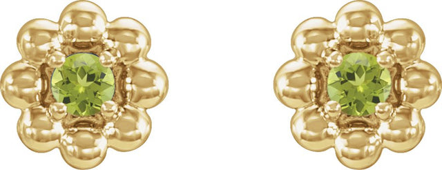 14K Gold Round Natural Peridot Petite Flower Earrings - Yellow Gold - view 4