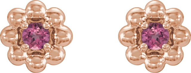 14K Gold Round Natural Pink Tourmaline Petite Flower Earrings - Rose Gold - view 4