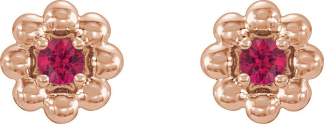 14K Gold Round Natural Ruby Petite Flower Earrings - Rose Gold - view 4
