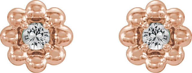 14K Gold Round Natural White Sapphire Petite Flower Earrings - Rose Gold - view 4