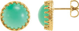 14K Gold Natural Green Chrysoprase Round Cabochon Crown Earrings
