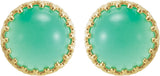 14K Gold Natural Green Chrysoprase Round Cabochon Crown Earrings - view 2