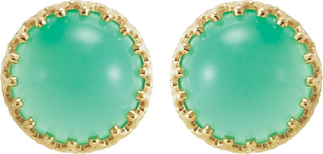 14K Gold Natural Green Chrysoprase Round Cabochon Crown Earrings - view 2