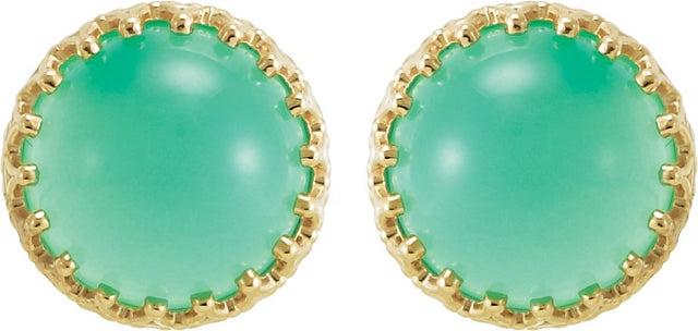 14K Gold Natural Green Chrysoprase Round Cabochon Crown Earrings - view 2