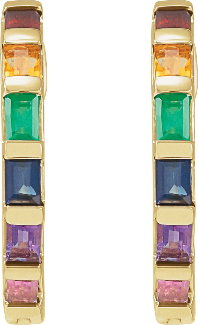14K Gold Straight Baguette Natural Multi-Gemstone Hoop Earrings - Yellow Gold - view 5