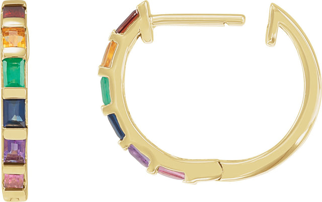 14K Gold Straight Baguette Natural Multi-Gemstone Hoop Earrings - Yellow Gold - view 6
