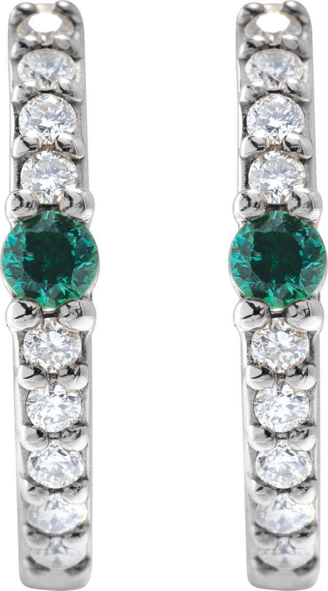 14K Gold Round Lab-Grown Emerald Accented Hoop Earrings – 2mm Stones - White Gold - view 6