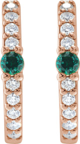 14K Gold Round Natural Emerald Accented Hoop Earrings – 2mm Stones - Rose Gold - view 13