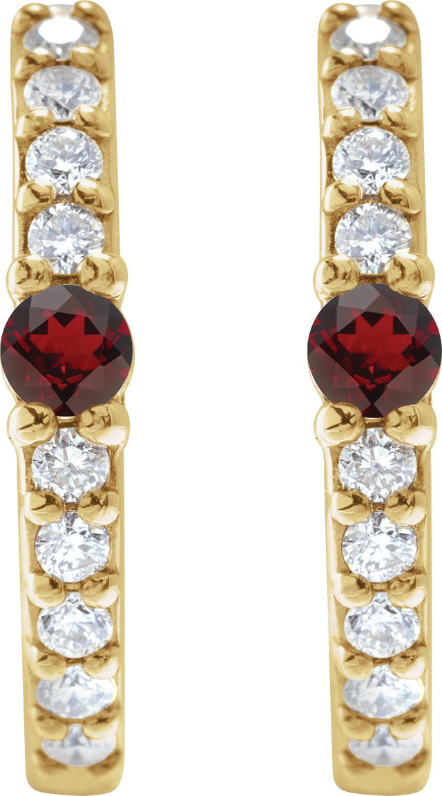 14K Gold Round Natural Mozambique Garnet Accented Hoop Earrings – 2mm Stones - Yellow Gold - view 6