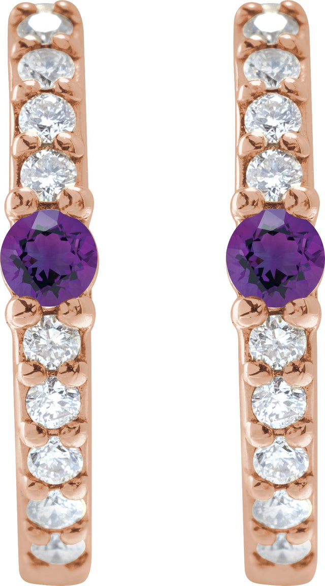 14K Gold Round Natural Amethyst Accented Hoop Earrings – 2mm Stones - Rose Gold - view 14