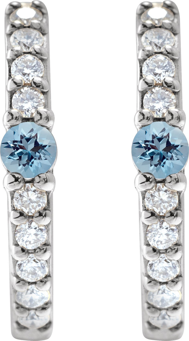 14K Gold Round Natural Aquamarine Accented Hoop Earrings – 2mm Stones - White Gold - view 6