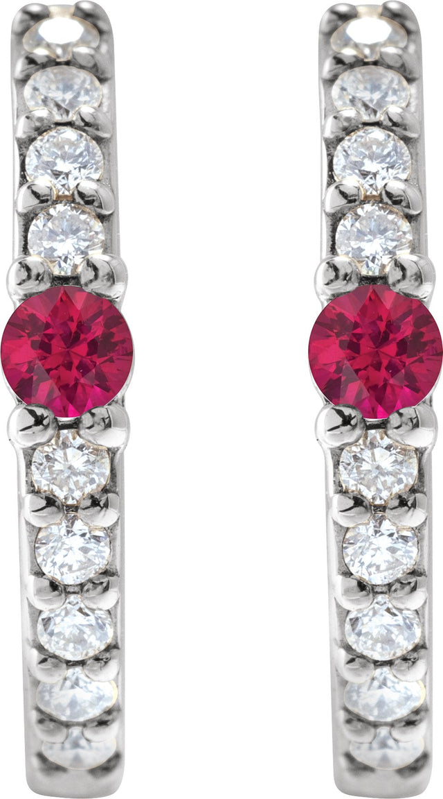 14K Gold Round Natural Ruby Accented Hoop Earrings – 2mm Stones - White Gold - view 6