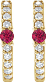 14K Gold Round Natural Ruby Accented Hoop Earrings – 2mm Stones - Yellow Gold - view 6