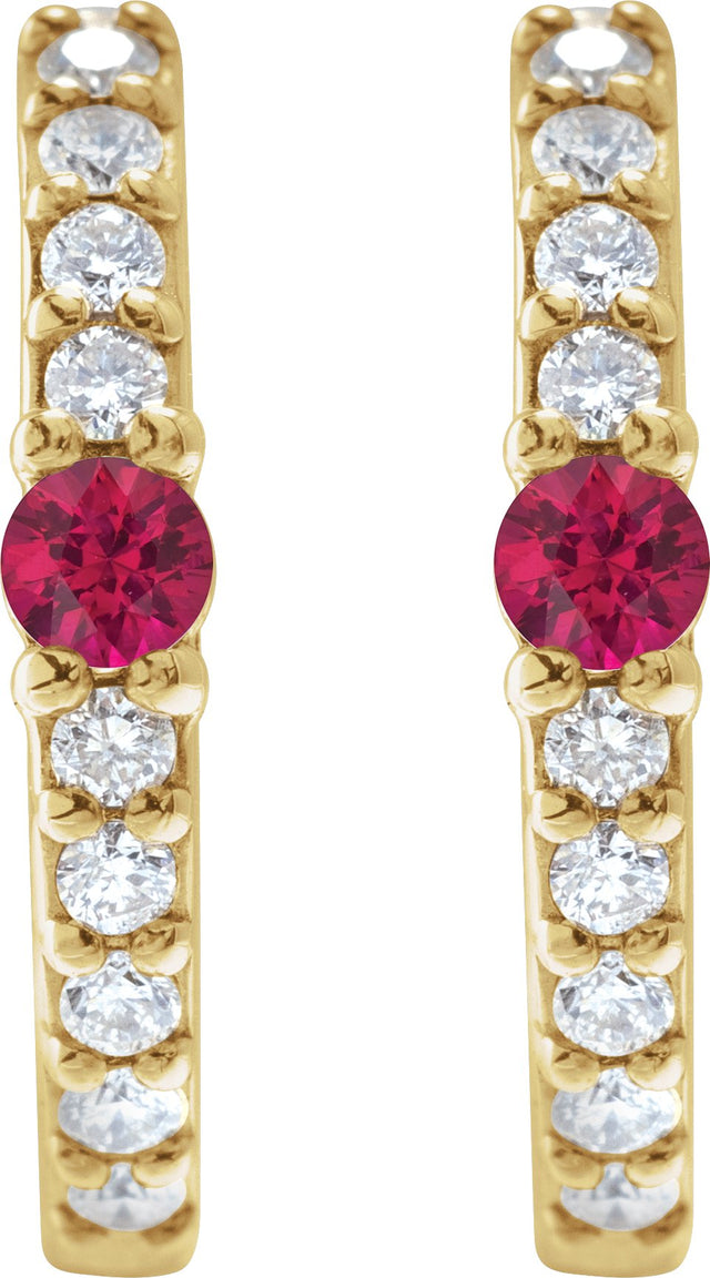 14K Gold Round Natural Ruby Accented Hoop Earrings – 2mm Stones - Yellow Gold - view 6