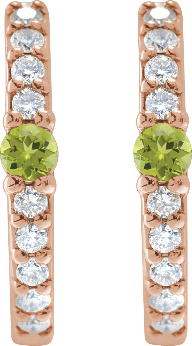 14K Gold Round Natural Peridot Accented Hoop Earrings – 2mm Stones - Rose Gold - view 14