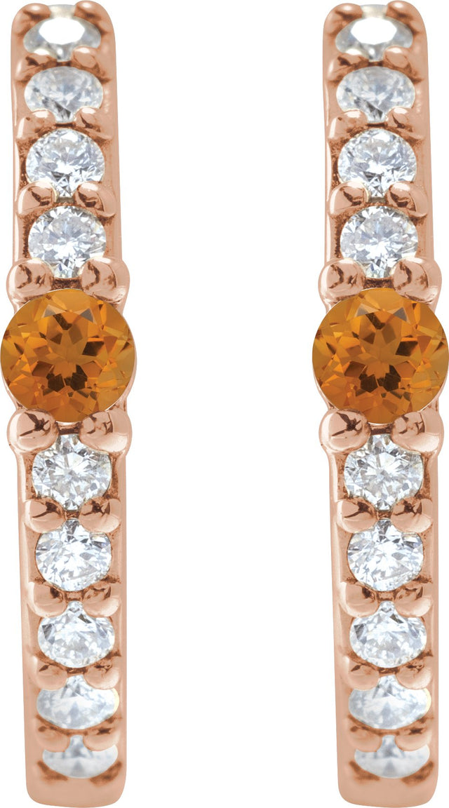 14K Gold Round Natural Citrine Accented Hoop Earrings – 2mm Stones - Rose Gold - view 14