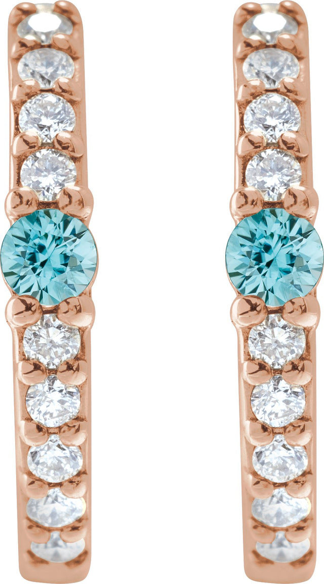14K Gold Round Natural Blue Zircon Accented Hoop Earrings – 2mm Stones - Rose Gold - view 14