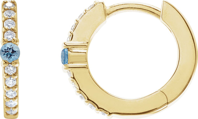 14K Gold Round Natural Aquamarine Accented Hoop Earrings – 2mm Stones - Yellow Gold - view 5