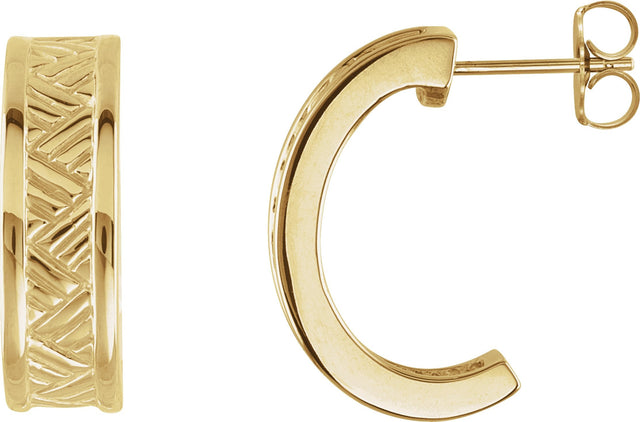 14K Gold Patterned J-Hoop Earrings - Yellow Gold