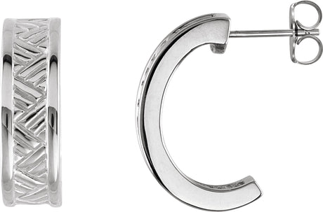 14K Gold Patterned J-Hoop Earrings - White Gold
