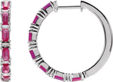 14K Gold Straight Baguette Natural Ruby & Natural Diamond Accented Hoop Earrings - White Gold - view 4