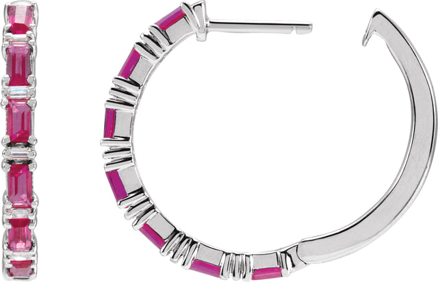 14K Gold Straight Baguette Natural Ruby & Natural Diamond Accented Hoop Earrings - White Gold - view 6