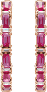 14K Gold Straight Baguette Natural Ruby & Natural Diamond Accented Hoop Earrings - Rose Gold - view 5
