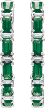 14K Gold Straight Baguette Natural Emerald & Natural Diamond Accented Hoop Earrings - White Gold - view 5