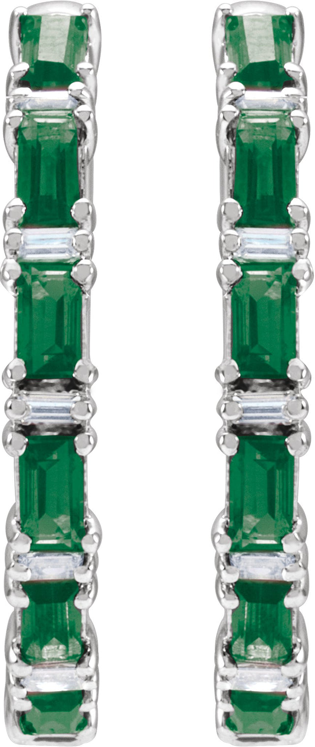 14K Gold Straight Baguette Natural Emerald & Natural Diamond Accented Hoop Earrings - White Gold - view 5