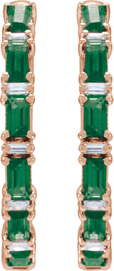 14K Gold Straight Baguette Natural Emerald & Natural Diamond Accented Hoop Earrings - Rose Gold - view 5