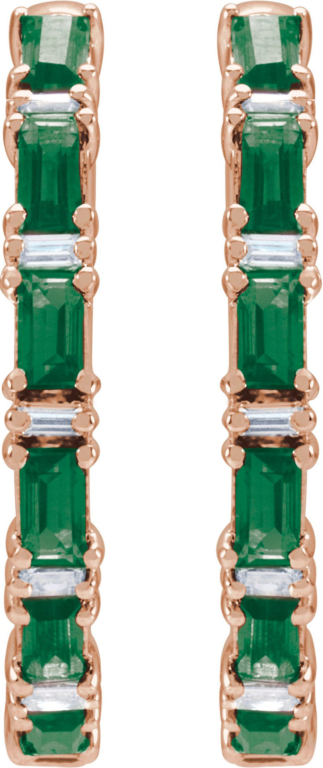 14K Gold Straight Baguette Natural Emerald & Natural Diamond Accented Hoop Earrings - Rose Gold - view 5