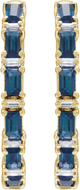 14K Gold Straight Baguette Natural Blue Sapphire & Natural Diamond Accented Hoop Earrings - Yellow Gold - view 5