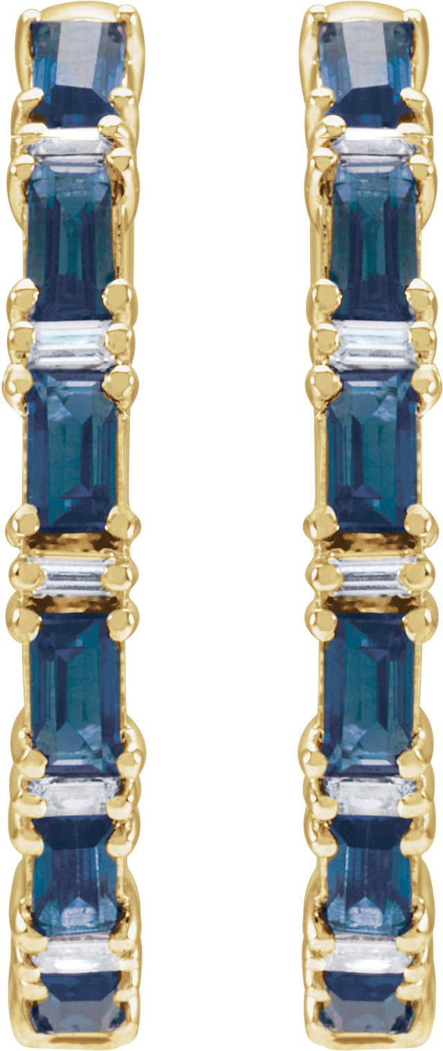 14K Gold Straight Baguette Natural Blue Sapphire & Natural Diamond Accented Hoop Earrings - Yellow Gold - view 5