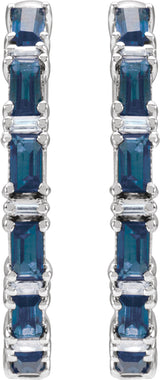 14K Gold Straight Baguette Natural Blue Sapphire & Natural Diamond Accented Hoop Earrings - White Gold - view 5